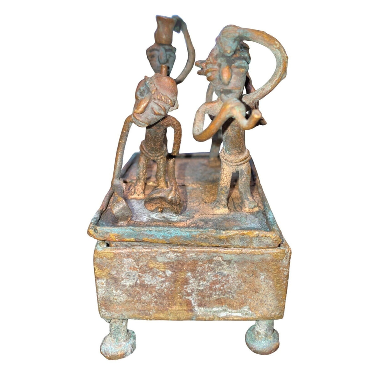 Handmade Bronze African Box-Style Statue With Musicians Cameroonian Art 4" X 2" X 5" Rustic Décor Piece