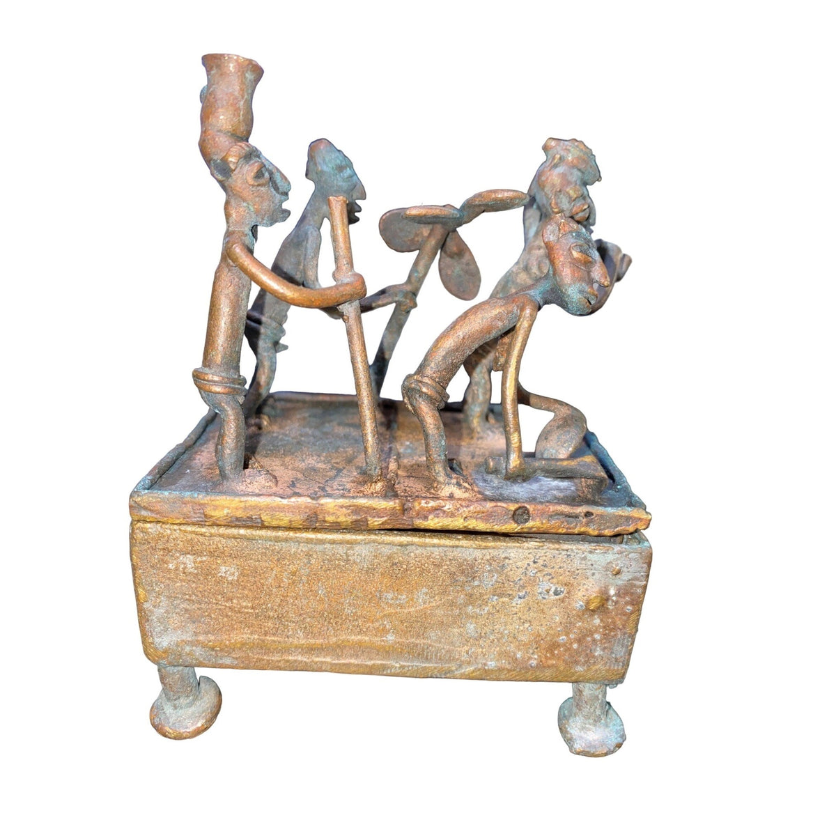 Handmade Bronze African Box-Style Statue With Musicians Cameroonian Art 4" X 2" X 5" Rustic Décor Piece
