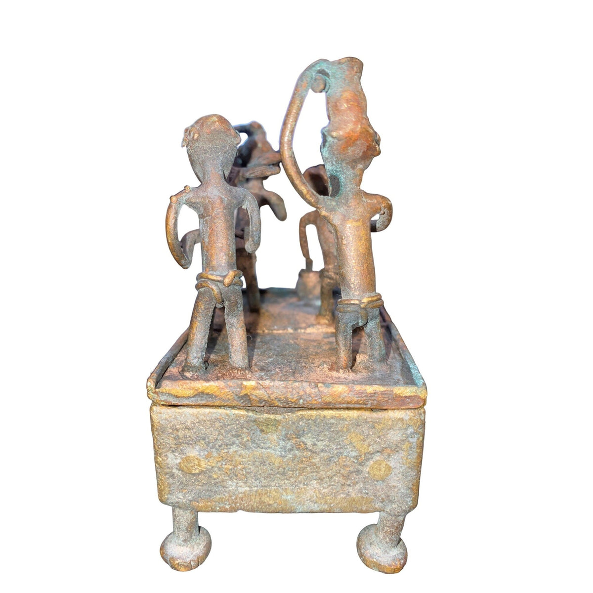 Handmade Bronze African Box-Style Statue With Musicians Cameroonian Art 4" X 2" X 5" Rustic Décor Piece