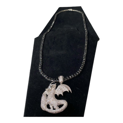 34" Necklace Dragon Pendant 6mm Faceted Black Tourmaline Schorl in Stainless Steel Settings Jewelry
