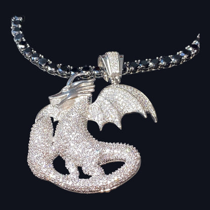 34" Necklace Dragon Pendant 6mm Faceted Black Tourmaline Schorl in Stainless Steel Settings Jewelry