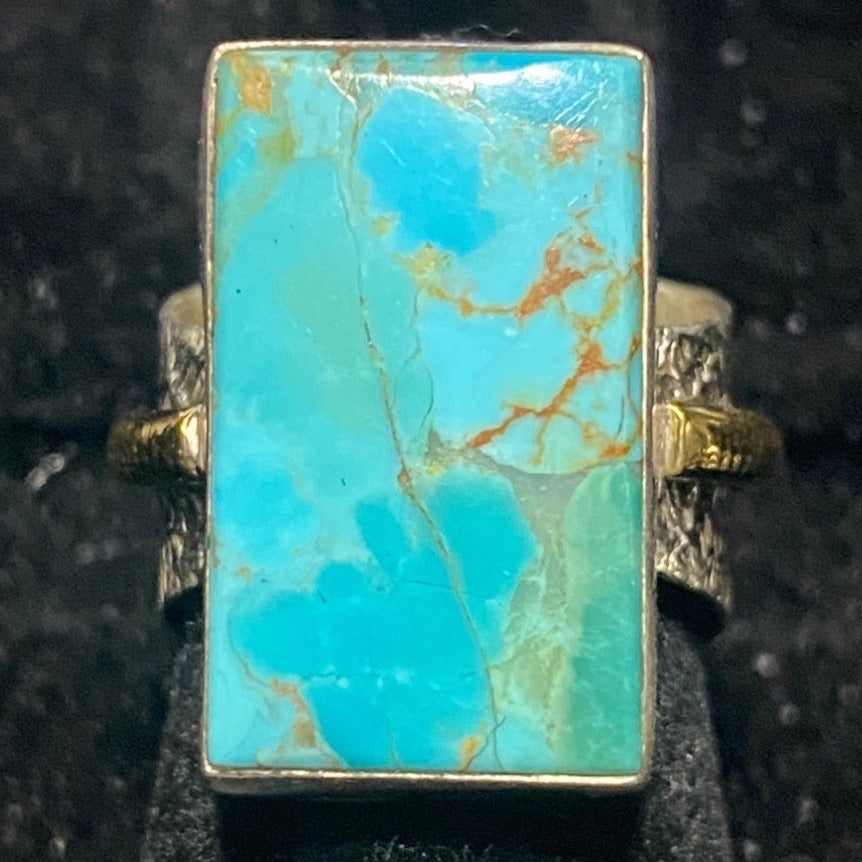 Ring Turquoise Size 5.5 20mm x 12mm Sterling Silver Stamped 925 Gold-Tone Accent Rectangle Setting Jewelry