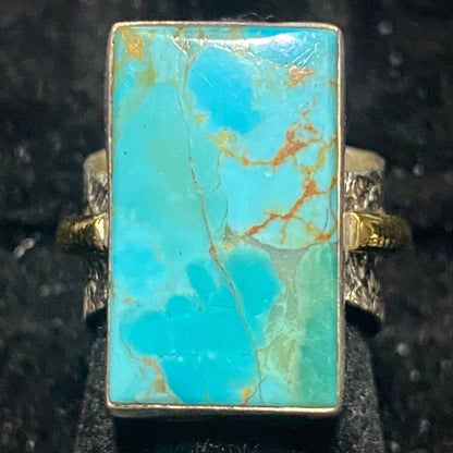 Ring Turquoise Size 5.5 20mm x 12mm Sterling Silver Stamped 925 Gold-Tone Accent Rectangle Setting Jewelry