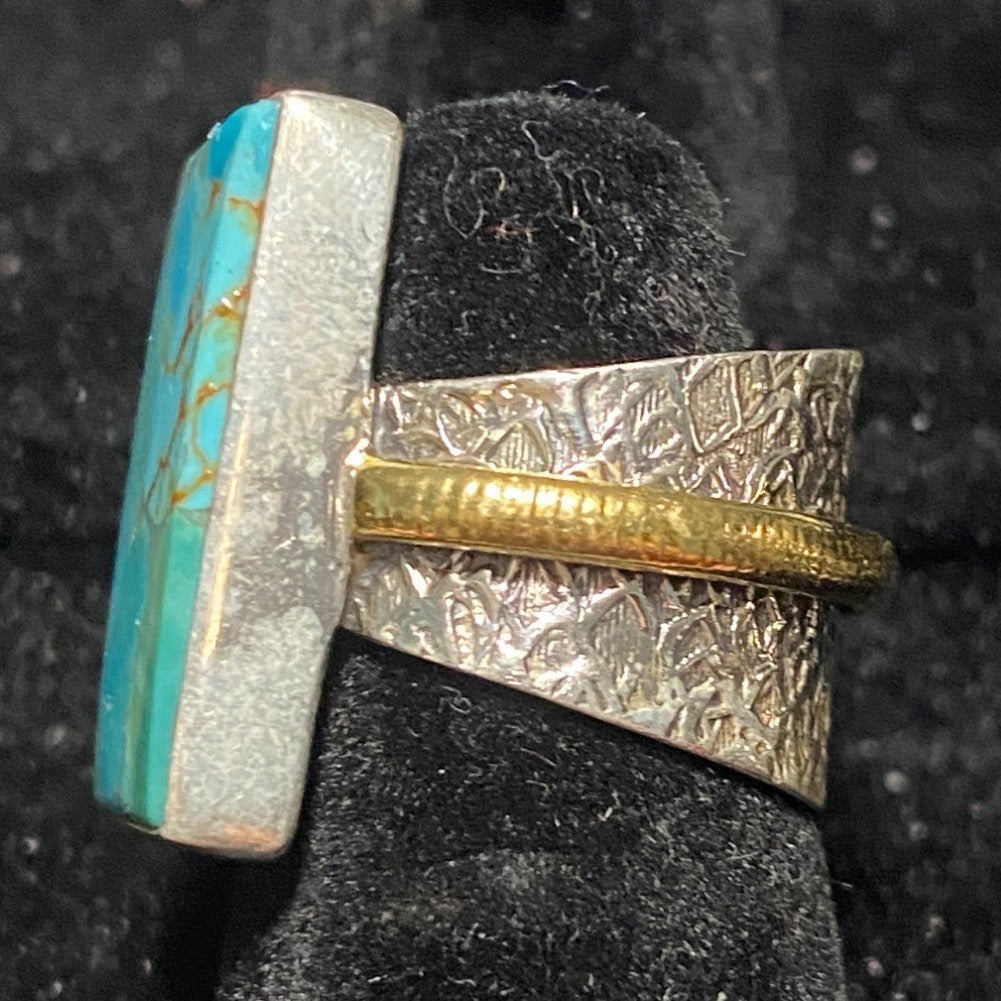 Ring Turquoise Size 5.5 20mm x 12mm Sterling Silver Stamped 925 Gold-Tone Accent Rectangle Setting Jewelry
