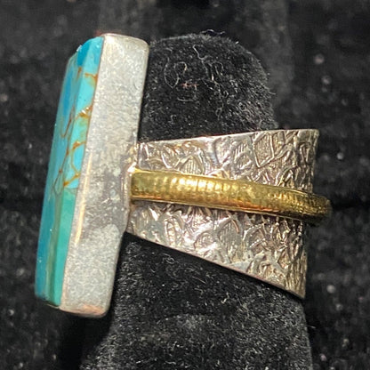 Ring Turquoise Size 5.5 20mm x 12mm Sterling Silver Stamped 925 Gold-Tone Accent Rectangle Setting Jewelry