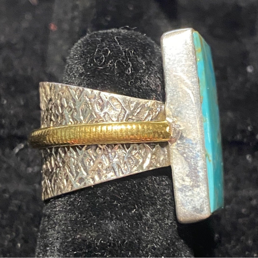 Ring Turquoise Size 5.5 20mm x 12mm Sterling Silver Stamped 925 Gold-Tone Accent Rectangle Setting Jewelry