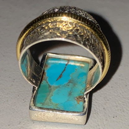 Ring Turquoise Size 5.5 20mm x 12mm Sterling Silver Stamped 925 Gold-Tone Accent Rectangle Setting Jewelry