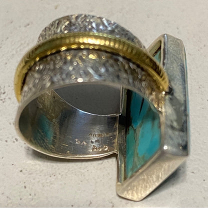 Ring Turquoise Size 5.5 20mm x 12mm Sterling Silver Stamped 925 Gold-Tone Accent Rectangle Setting Jewelry