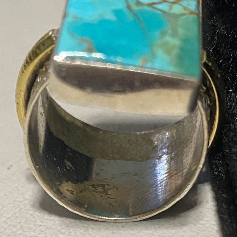 Ring Turquoise Size 5.5 20mm x 12mm Sterling Silver Stamped 925 Gold-Tone Accent Rectangle Setting Jewelry
