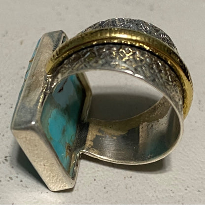 Ring Turquoise Size 5.5 20mm x 12mm Sterling Silver Stamped 925 Gold-Tone Accent Rectangle Setting Jewelry
