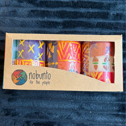 Handmade Fair-Trade Nobunto Indabuko 3-Piece 2.5" South African Votive Candle Set Vibrant Patterns/Colors