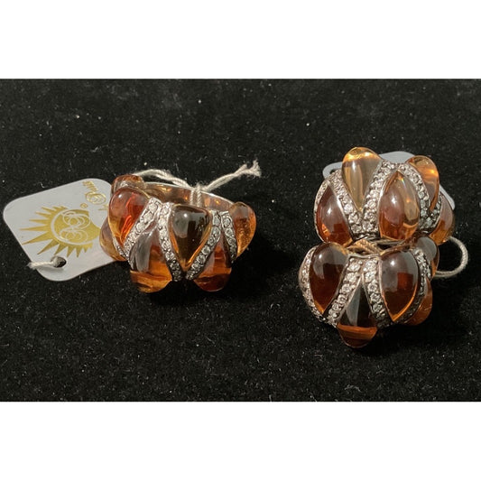 Angelique Paris Pierced Earrings Ring Size 7.5 Amber-Colored Resin Rhinestones Sterling Silver 925