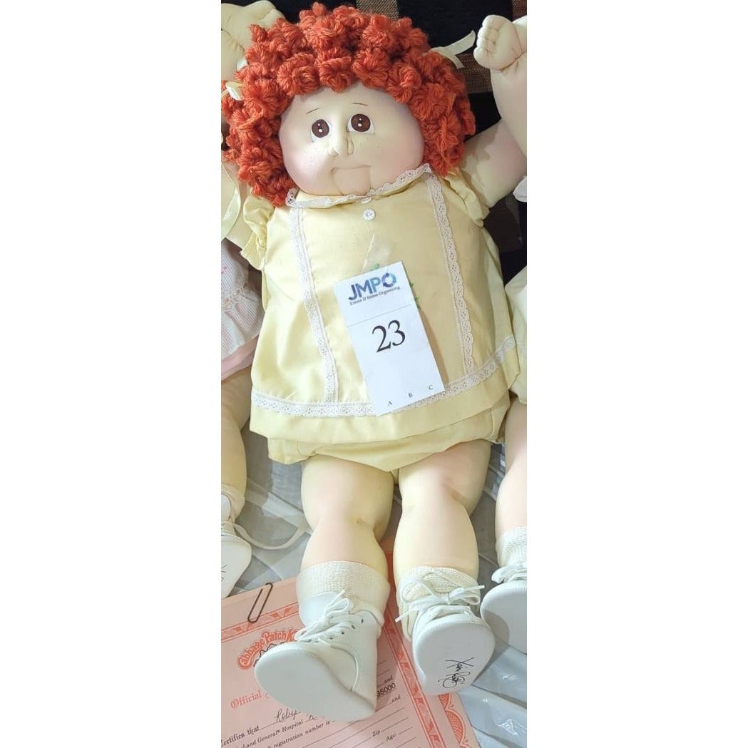 Toy Cabbage Patch Kids 1984 1985 Signed Shoe Soft Sculpture Dress Hair Curly Birth Certificate Doll Adoption Documentation