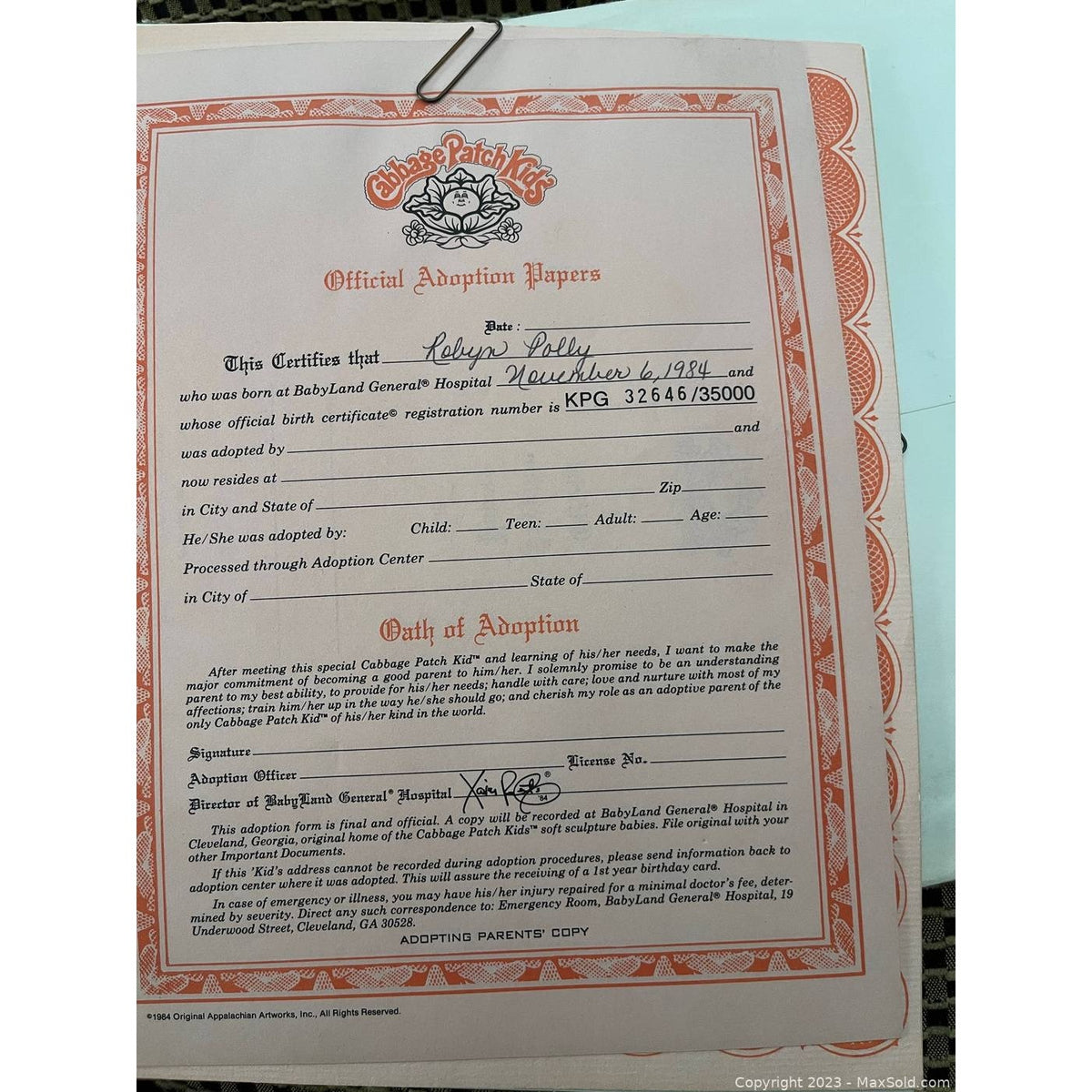 Toy Cabbage Patch Kids 1984 1985 Signed Shoe Soft Sculpture Dress Hair Curly Birth Certificate Doll Adoption Documentation