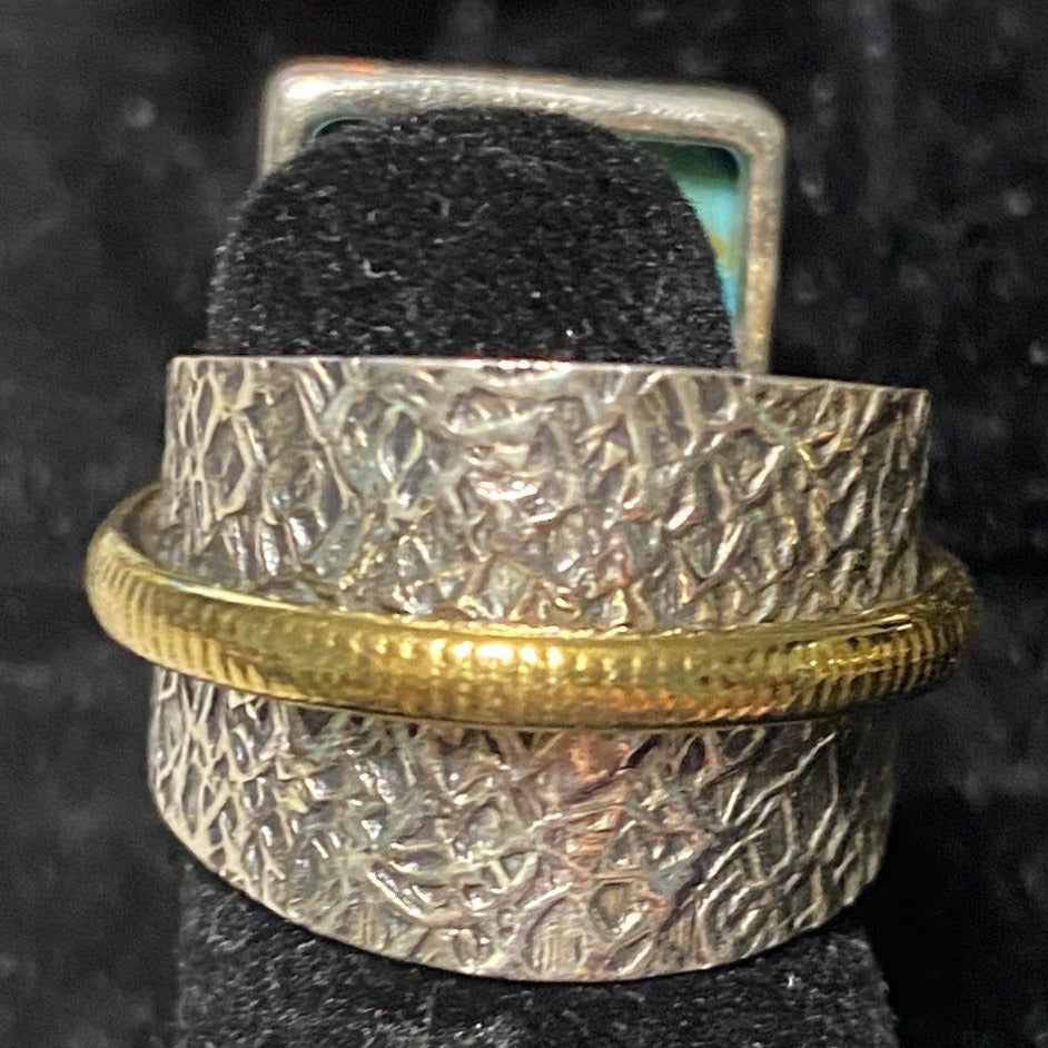 Ring Turquoise Size 5.5 20mm x 13mm Sterling Silver Stamped 925 Gold-Tone Accent Rectangle Setting Jewelry