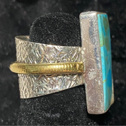 Ring Turquoise Size 5.5 20mm x 13mm Sterling Silver Stamped 925 Gold-Tone Accent Rectangle Setting Jewelry