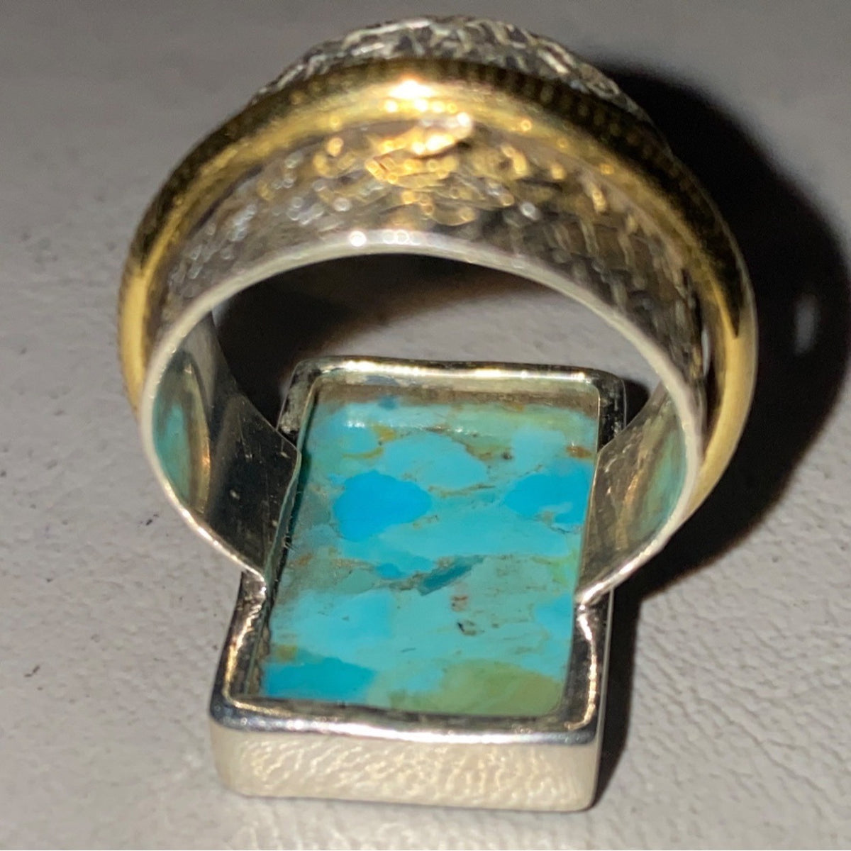 Ring Turquoise Size 5.5 20mm x 13mm Sterling Silver Stamped 925 Gold-Tone Accent Rectangle Setting Jewelry