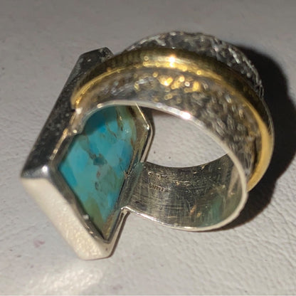 Ring Turquoise Size 5.5 20mm x 13mm Sterling Silver Stamped 925 Gold-Tone Accent Rectangle Setting Jewelry
