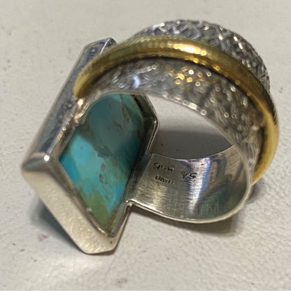 Ring Turquoise Size 5.5 20mm x 13mm Sterling Silver Stamped 925 Gold-Tone Accent Rectangle Setting Jewelry