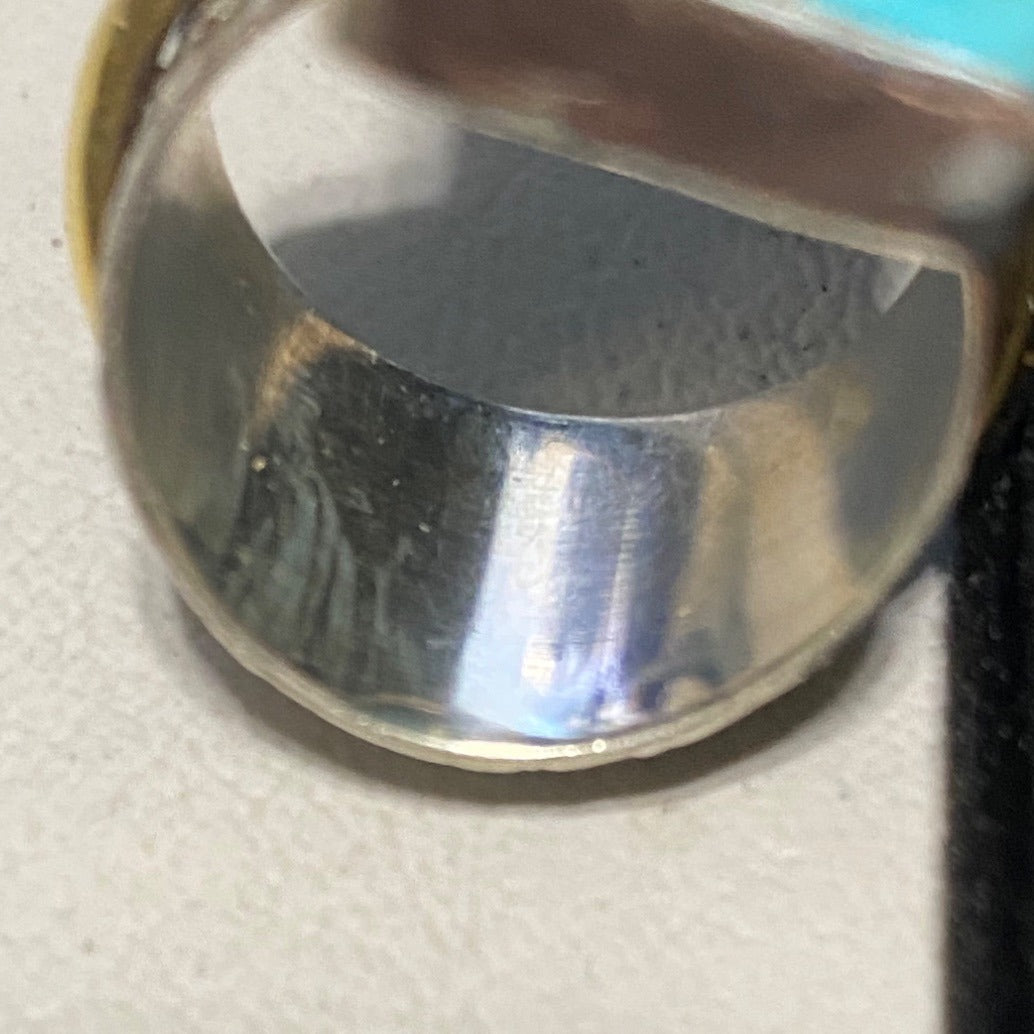 Ring Turquoise Size 5.5 20mm x 13mm Sterling Silver Stamped 925 Gold-Tone Accent Rectangle Setting Jewelry