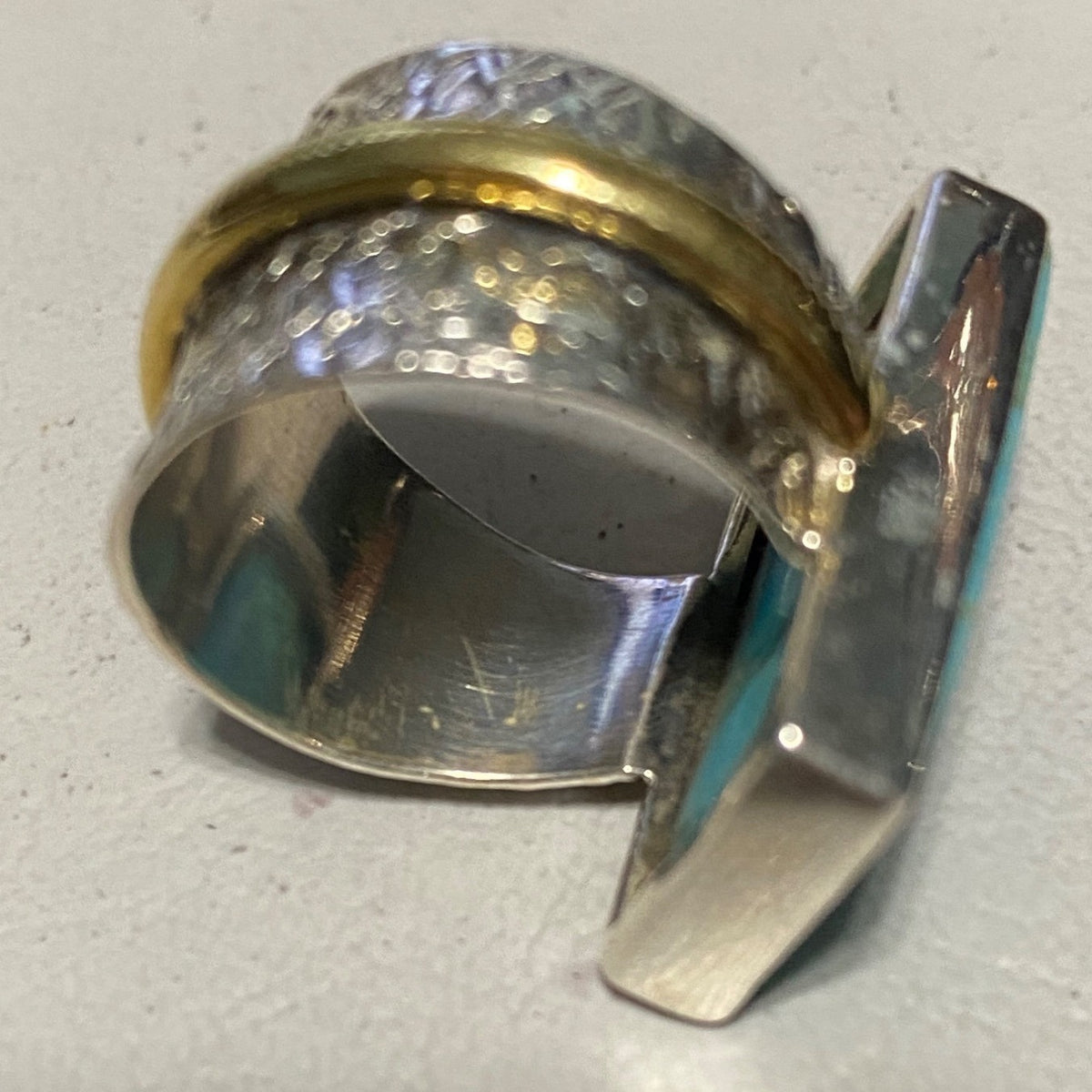 Ring Turquoise Size 5.5 20mm x 13mm Sterling Silver Stamped 925 Gold-Tone Accent Rectangle Setting Jewelry