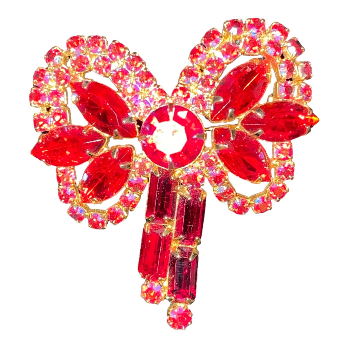 Brooch Bow AB Rhinestone Gold-Tone Red Vintage Large Jewelry