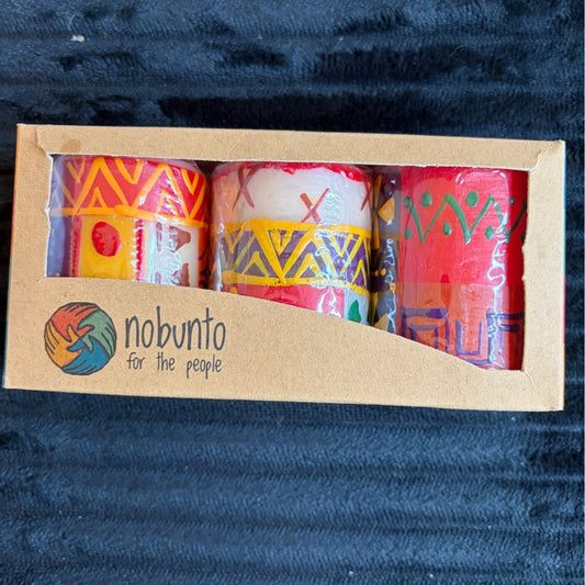 Handpainted Nobunto Indabuko Fair-Trade South African Trio 2.5" Candle Set Vibrant Colors Unique Designs Home Decor Gift Idea Artisan Made