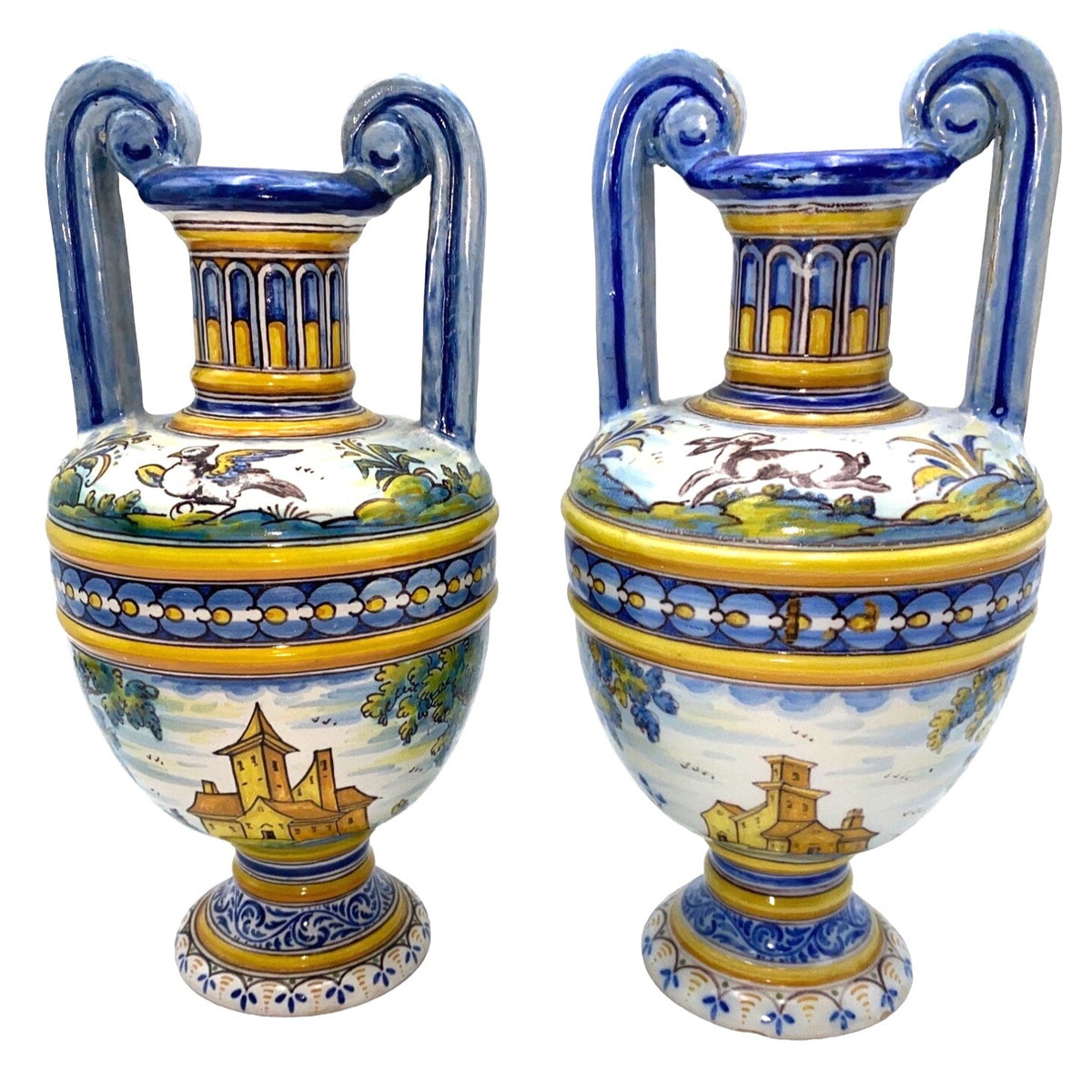 Lot of 2 Talavera Vase Two-Handled No. 63 Espana Spain Top Shield Crescent Moon Chicken Rabbit Poultry Hare Home Villa