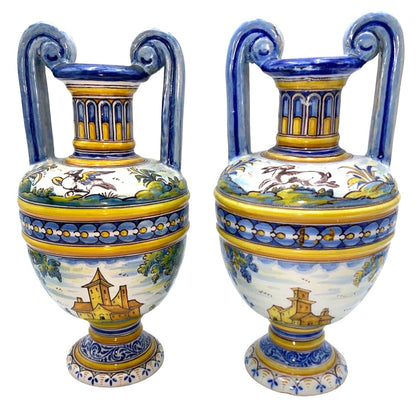 Lot of 2 Talavera Vase Two-Handled No. 63 Espana Spain Top Shield Crescent Moon Chicken Rabbit Poultry Hare Home Villa