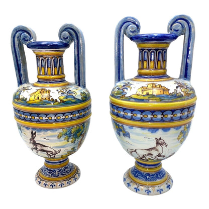 Lot of 2 Talavera Vase Two-Handled No. 63 Espana Spain Top Shield Crescent Moon Chicken Rabbit Poultry Hare Home Villa
