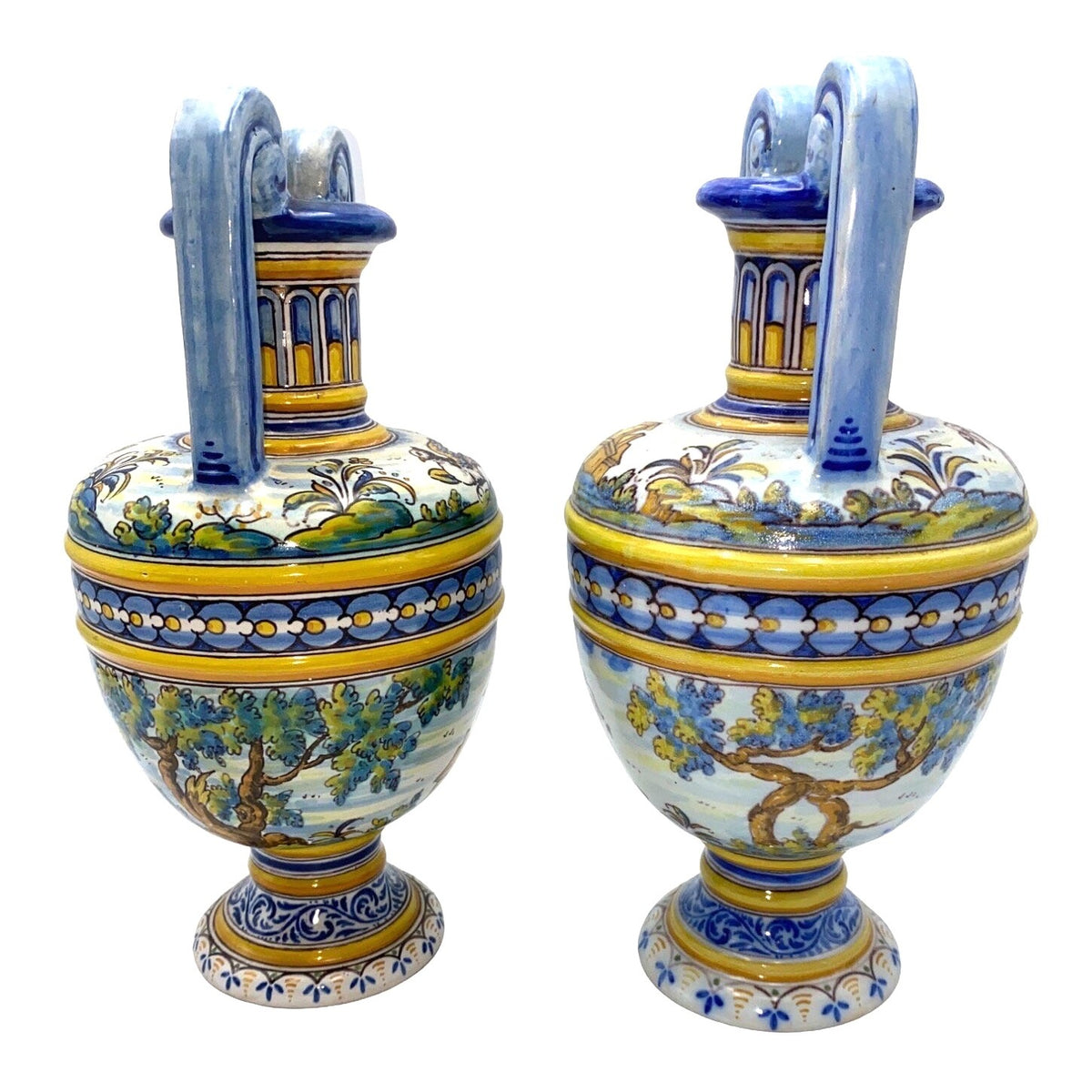 Lot of 2 Talavera Vase Two-Handled No. 63 Espana Spain Top Shield Crescent Moon Chicken Rabbit Poultry Hare Home Villa