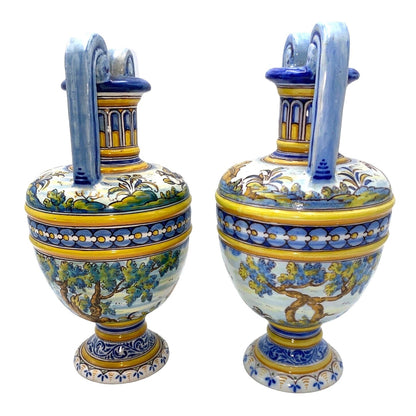 Lot of 2 Talavera Vase Two-Handled No. 63 Espana Spain Top Shield Crescent Moon Chicken Rabbit Poultry Hare Home Villa