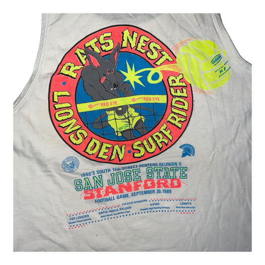1989 Rats Nest Surf Rider Tank Top San Jose State Stanford Football Game Retro Graphic White Cotton Sleeveless Shirt L