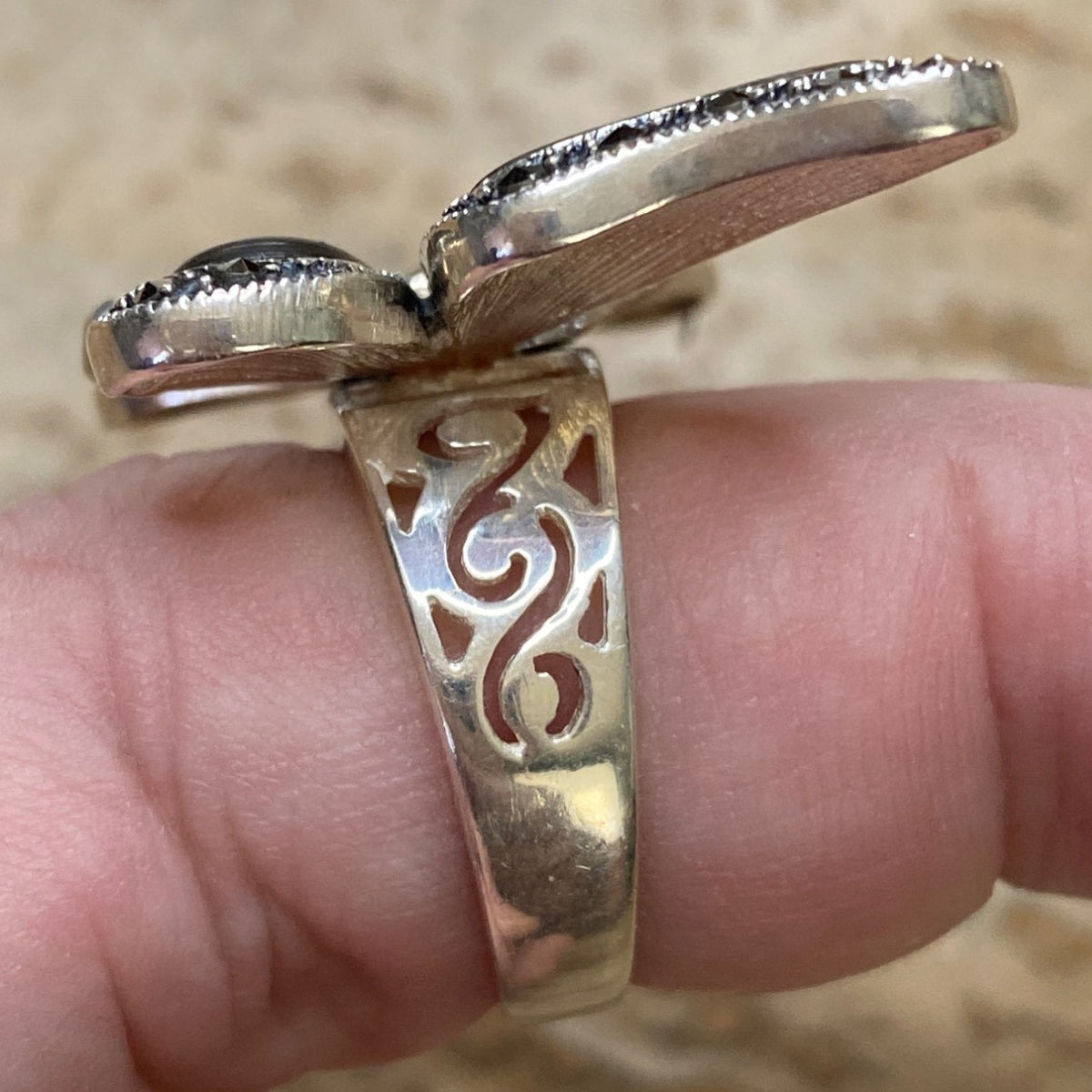 Marcasite & Abalone Butterfly Ring Adjustable Size 7.5 Sterling Silver 925