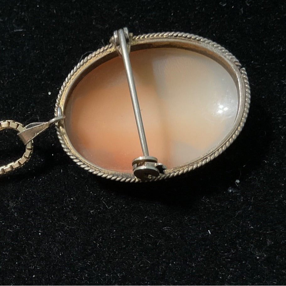Vintage Gold Cameo Pendant Necklace & Earrings Set With Intricate Carved Shell Design On Box Chain14”,  Pendant 1.5”, Chain 14”