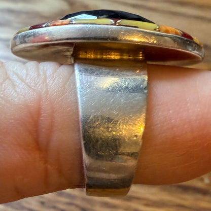 Native "F/I" Ring Sterling Silver Jewelry Size 8 MOP Coral