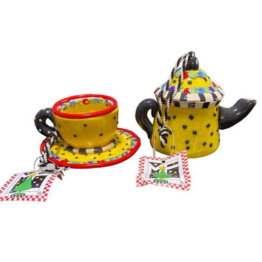 Mary Engelbreit 1994 Christmas Corner Teapot & Cup Ceramic Ornaments Yellow Multicolor