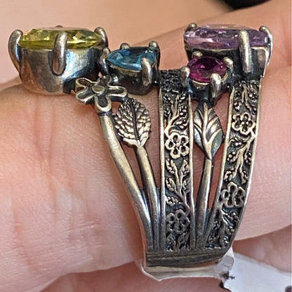 Ring Size 9 Citrine Tourmaline Peridot Topaz Floral Nature Sterling Silver 925 Women Semi-Precious Stone