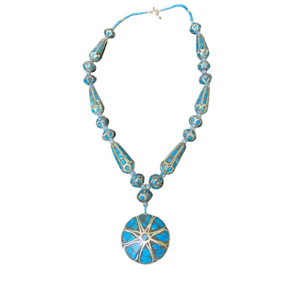 Vintage Blue Mosaic Beaded Necklace With Circular Pendant & Toggle Clasp