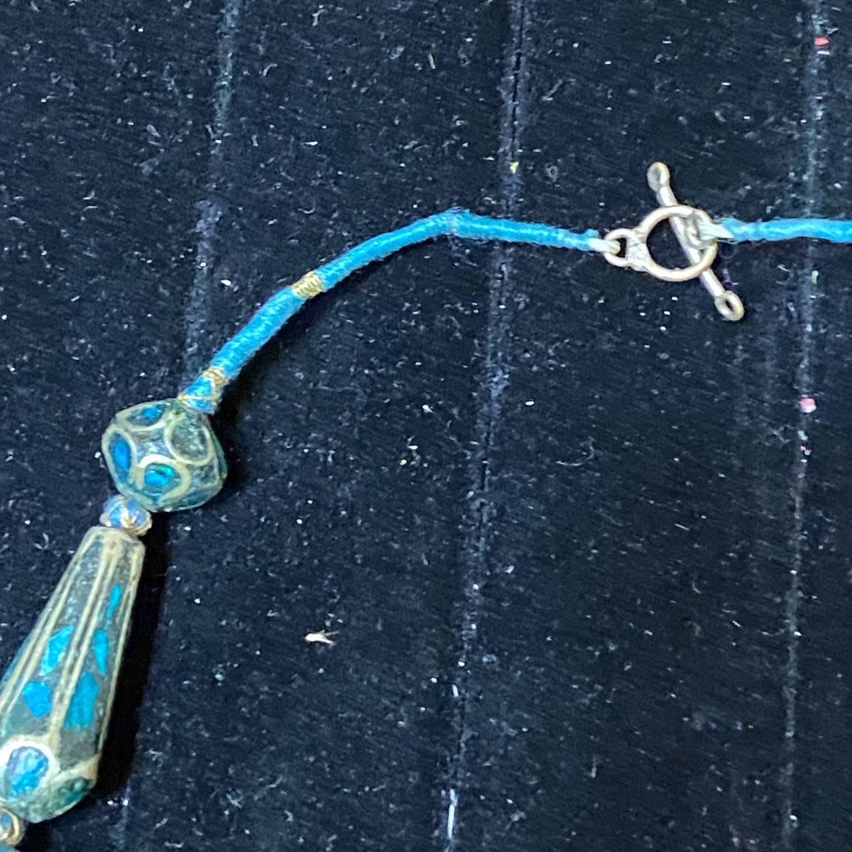 Vintage Blue Mosaic Beaded Necklace With Circular Pendant & Toggle Clasp