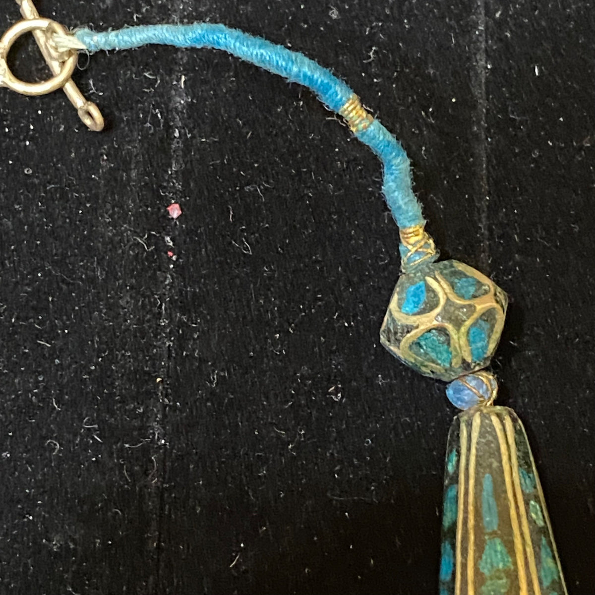 Vintage Blue Mosaic Beaded Necklace With Circular Pendant & Toggle Clasp