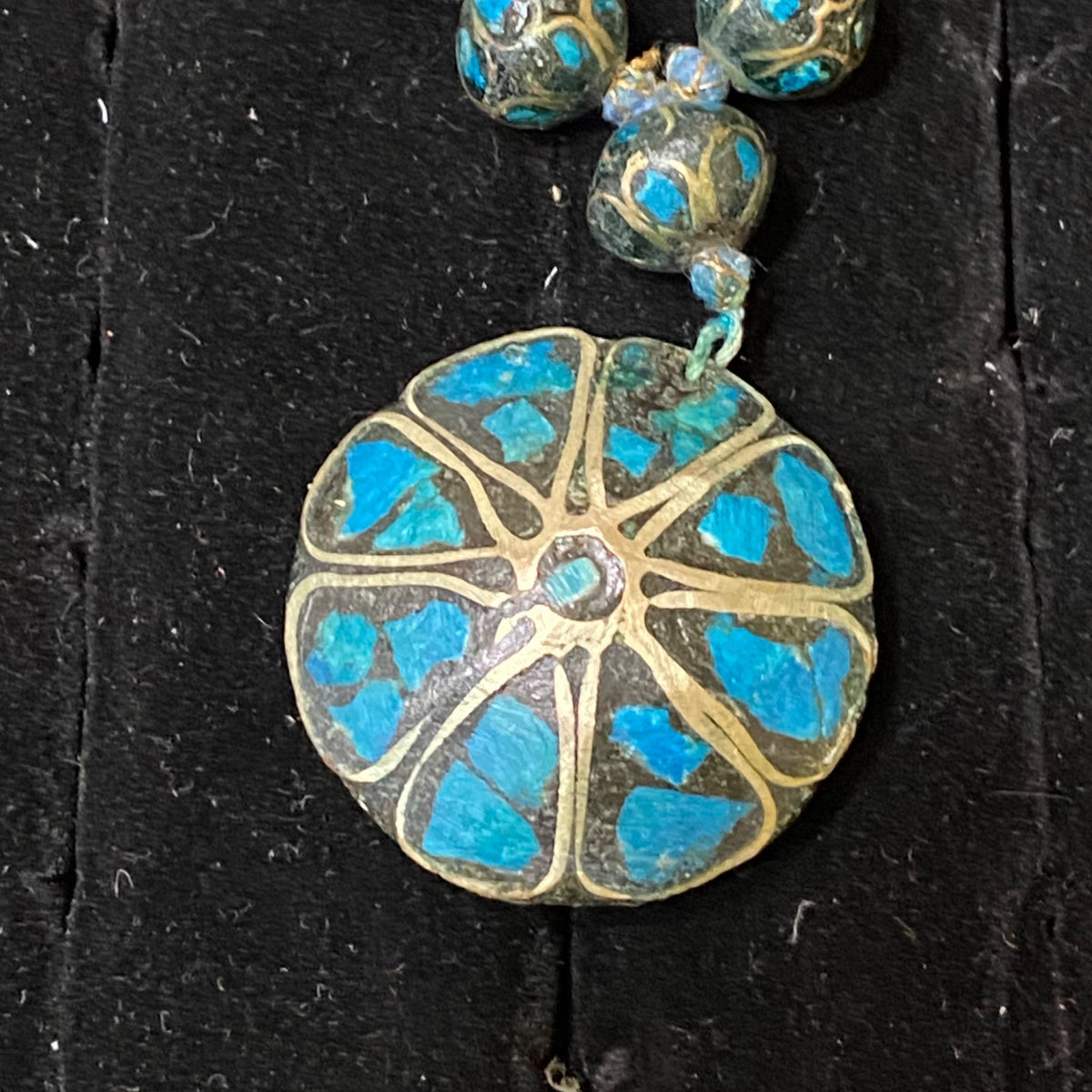 Vintage Blue Mosaic Beaded Necklace With Circular Pendant & Toggle Clasp