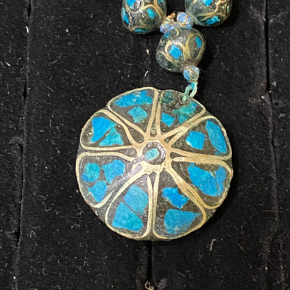 Vintage Blue Mosaic Beaded Necklace With Circular Pendant & Toggle Clasp
