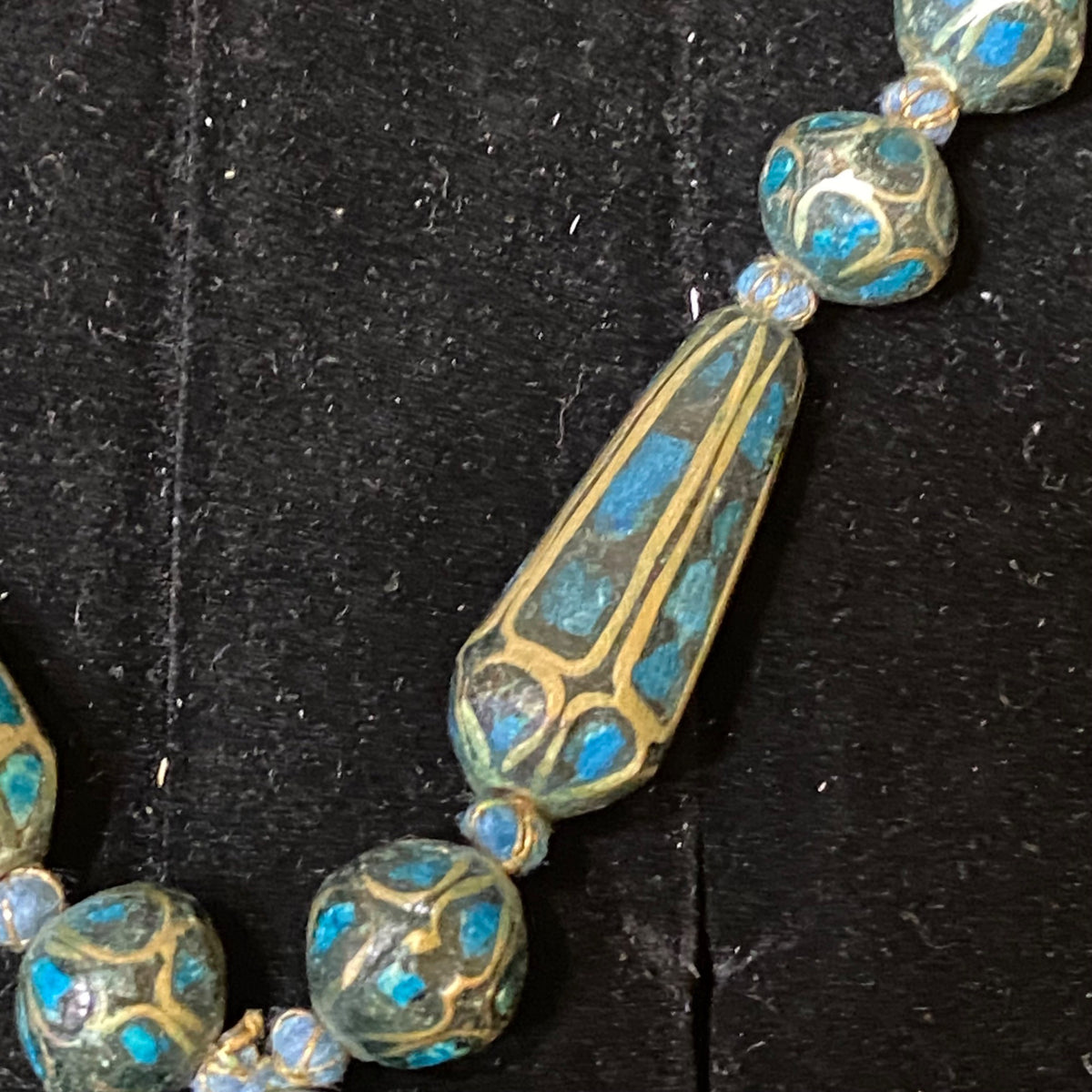 Vintage Blue Mosaic Beaded Necklace With Circular Pendant & Toggle Clasp