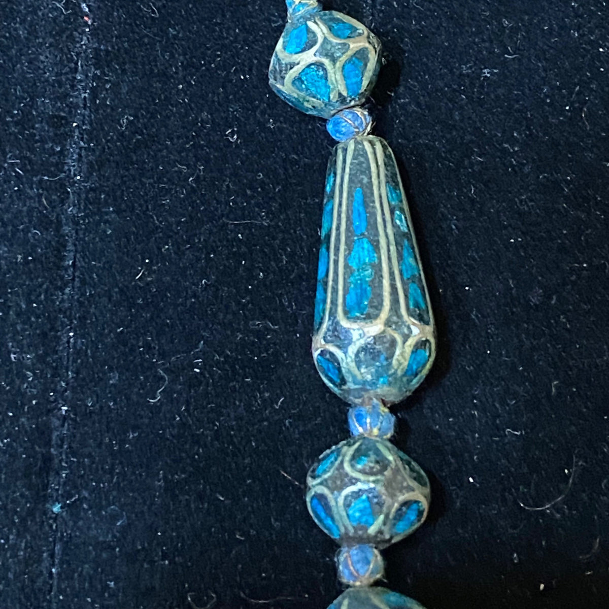 Vintage Blue Mosaic Beaded Necklace With Circular Pendant & Toggle Clasp