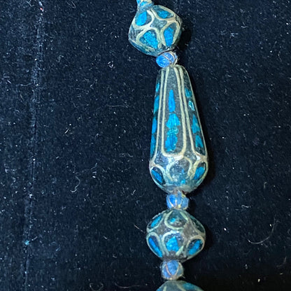 Vintage Blue Mosaic Beaded Necklace With Circular Pendant & Toggle Clasp