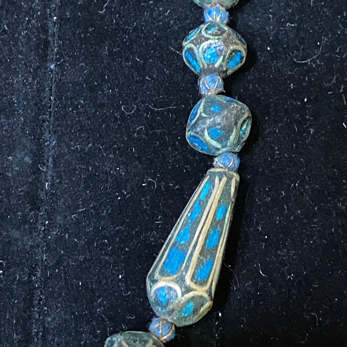 Vintage Blue Mosaic Beaded Necklace With Circular Pendant & Toggle Clasp