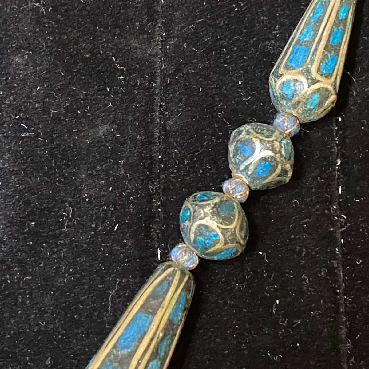 Vintage Blue Mosaic Beaded Necklace With Circular Pendant & Toggle Clasp
