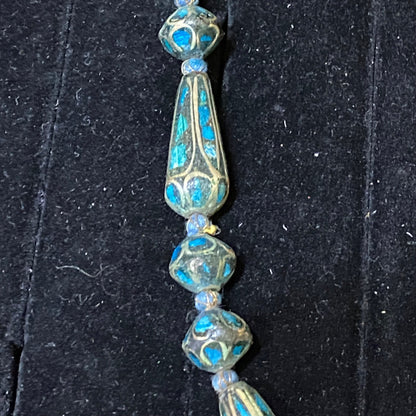 Vintage Blue Mosaic Beaded Necklace With Circular Pendant & Toggle Clasp