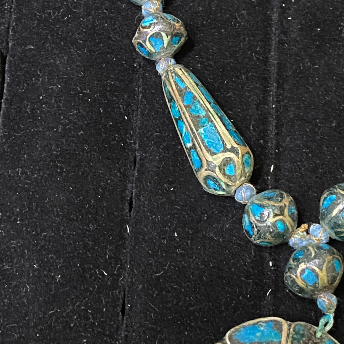Vintage Blue Mosaic Beaded Necklace With Circular Pendant & Toggle Clasp